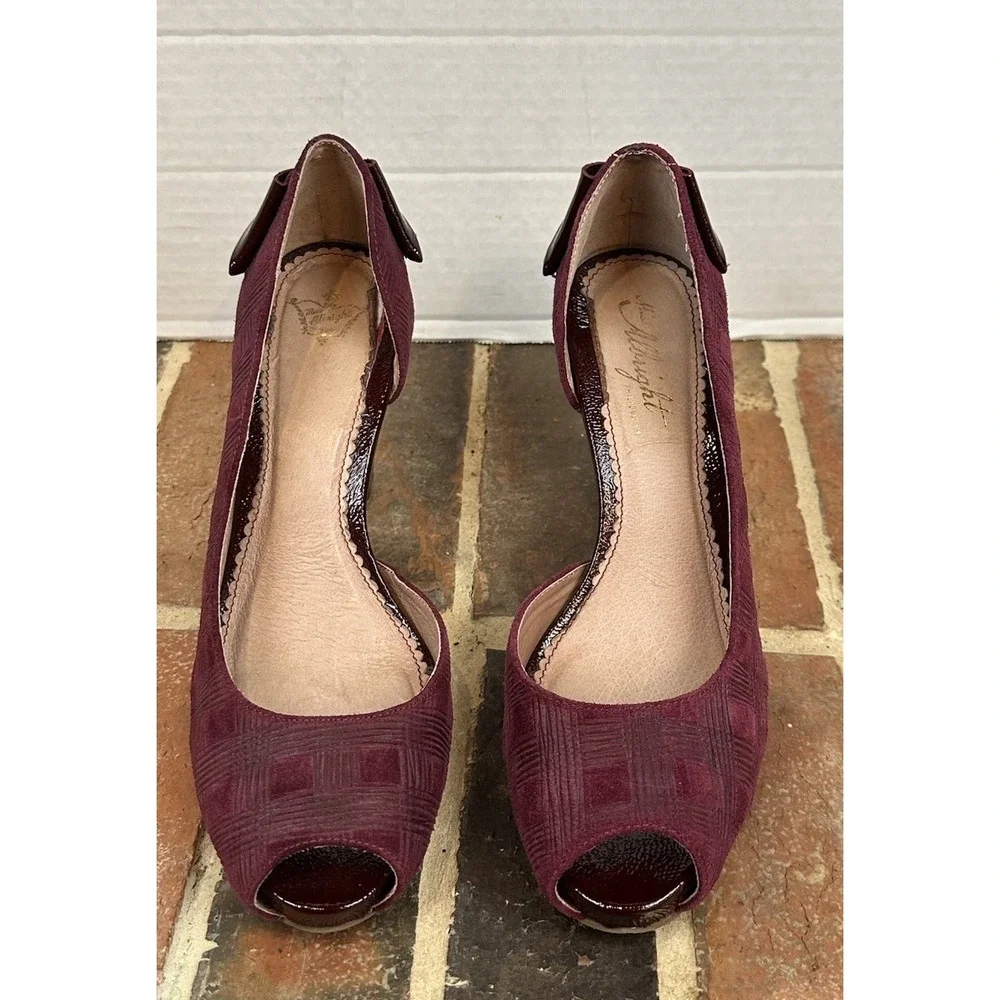 Miss Albright Burgundy Suede Pumps Plaid Peep Toe Patent Leather Heel Bow Wm 9 B